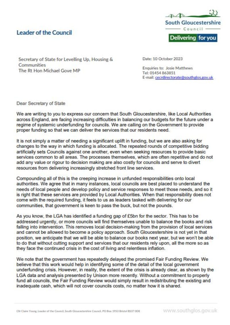 Funding letter to Michael Gove p1